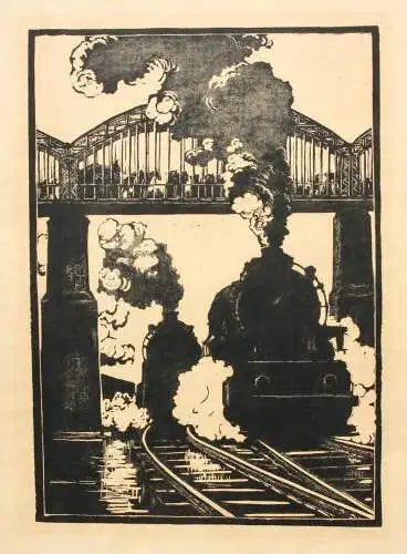 Walther Klemm (1883-1957) signierter Holzschnitt, Eisenbahnen unter einer Brücke