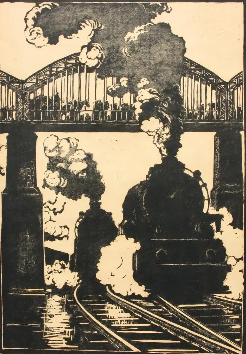 Walther Klemm (1883-1957) signierter Holzschnitt, Eisenbahnen unter einer Brücke 1