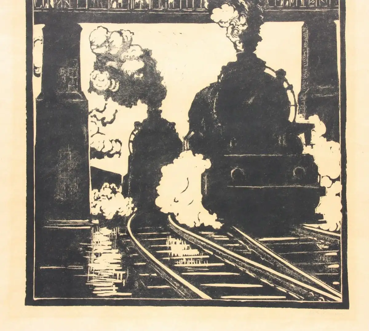 Walther Klemm (1883-1957) signierter Holzschnitt, Eisenbahnen unter einer Brücke 2