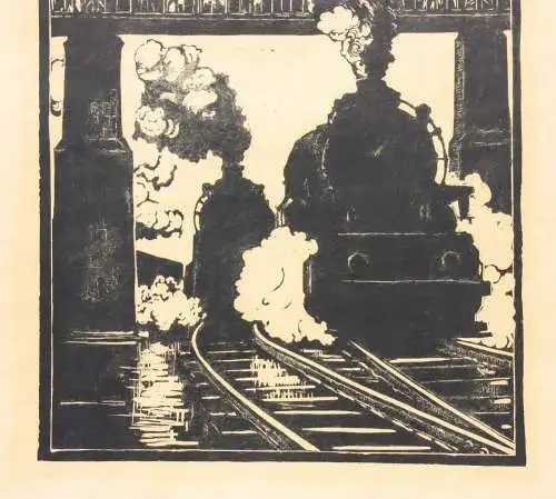 Walther Klemm (1883-1957) signierter Holzschnitt, Eisenbahnen unter einer Brücke