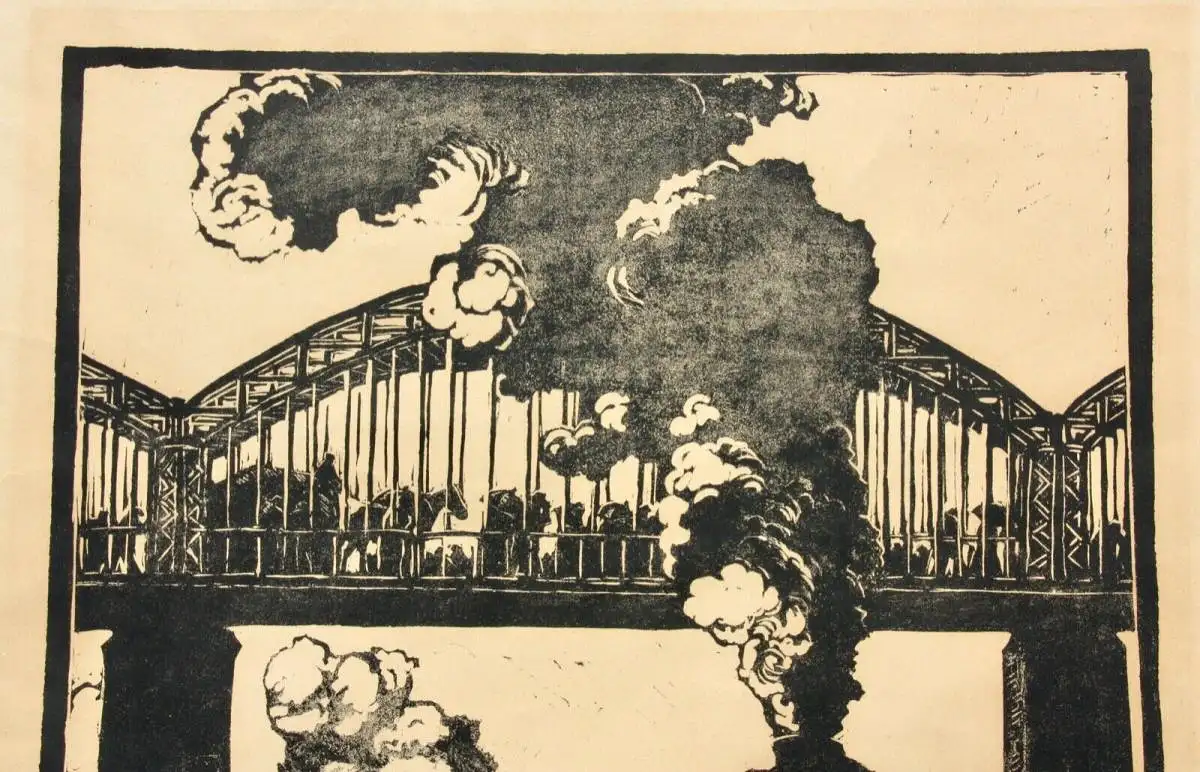 Walther Klemm (1883-1957) signierter Holzschnitt, Eisenbahnen unter einer Brücke 3