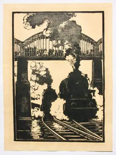 Walther Klemm (1883-1957) signierter Holzschnitt, Eisenbahnen unter einer Brücke