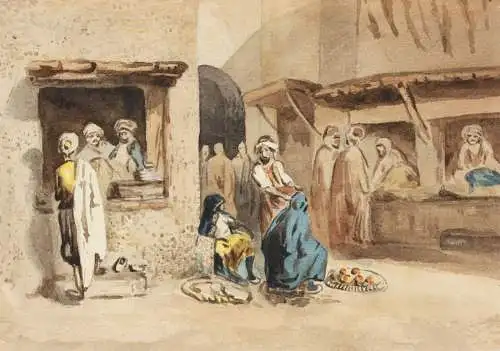 Belebte Straßenszene mit Marktständen im Basar, Orientalismus, Aquarell, 19. Jh.