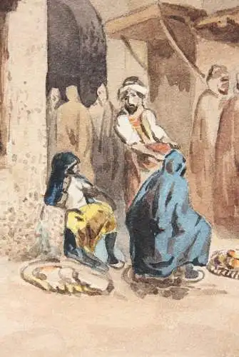 Belebte Straßenszene mit Marktständen im Basar, Orientalismus, Aquarell, 19. Jh.