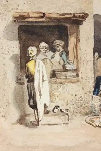 Belebte Straßenszene mit Marktständen im Basar, Orientalismus, Aquarell, 19. Jh.