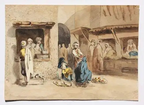 Belebte Straßenszene mit Marktständen im Basar, Orientalismus, Aquarell, 19. Jh.