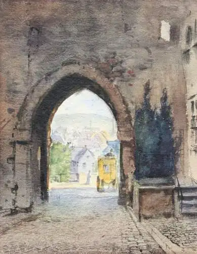 Blick durch den Torbogen eines Stadttores auf eine Kleinstadt, Aquarell, um 1900