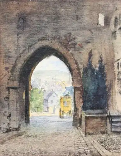 Blick durch den Torbogen eines Stadttores auf eine Kleinstadt, Aquarell, um 1900