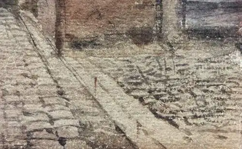 Blick durch den Torbogen eines Stadttores auf eine Kleinstadt, Aquarell, um 1900