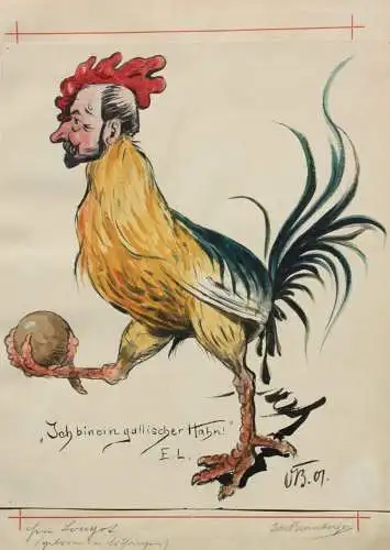 Otto Bromberger (1862-1943), Aquarell, Karikatur, "Ich bin ein gallischer Hahn!"