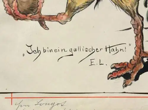 Otto Bromberger (1862-1943), Aquarell, Karikatur, "Ich bin ein gallischer Hahn!"