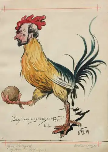 Otto Bromberger (1862-1943), Aquarell, Karikatur, "Ich bin ein gallischer Hahn!"