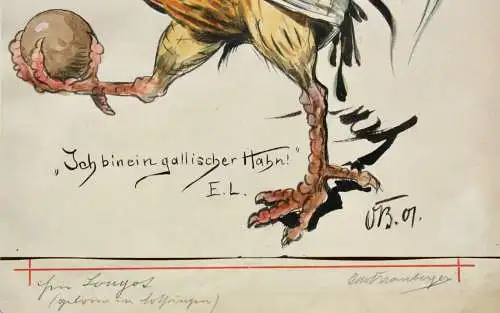 Otto Bromberger (1862-1943), Aquarell, Karikatur, "Ich bin ein gallischer Hahn!"