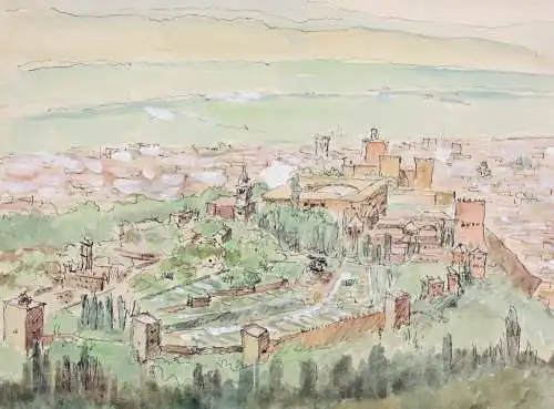 Die Festung Alhambra, Sabikah-Hügel, Granada, Spanien, Vogelperspektive, Gouache