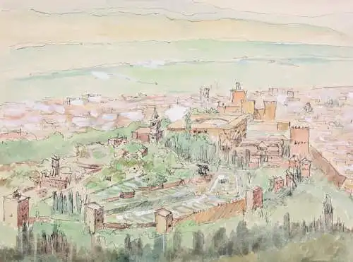 Die Festung Alhambra, Sabikah-Hügel, Granada, Spanien, Vogelperspektive, Gouache