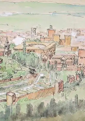 Die Festung Alhambra, Sabikah-Hügel, Granada, Spanien, Vogelperspektive, Gouache