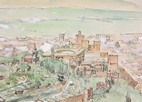 Die Festung Alhambra, Sabikah-Hügel, Granada, Spanien, Vogelperspektive, Gouache