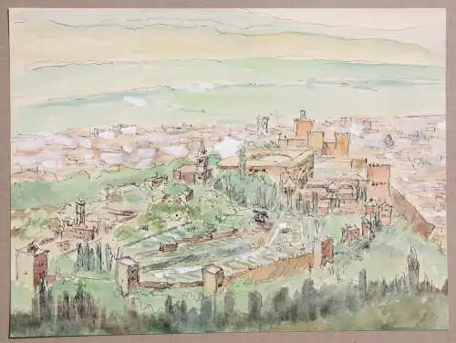 Die Festung Alhambra, Sabikah-Hügel, Granada, Spanien, Vogelperspektive, Gouache