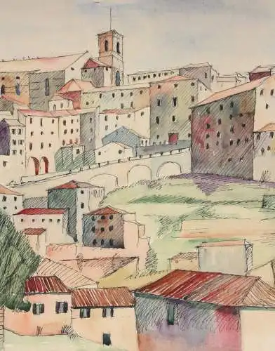 Stadtansicht von Perugia, Vedute, Umbrien, Italien, Aquarell, datiert 1938