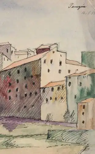 Stadtansicht von Perugia, Vedute, Umbrien, Italien, Aquarell, datiert 1938