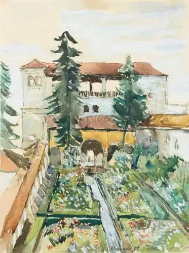 Palacio de Generalife, Alhambra, Granada, Spanien, Aquarell, signiert "Schubert"