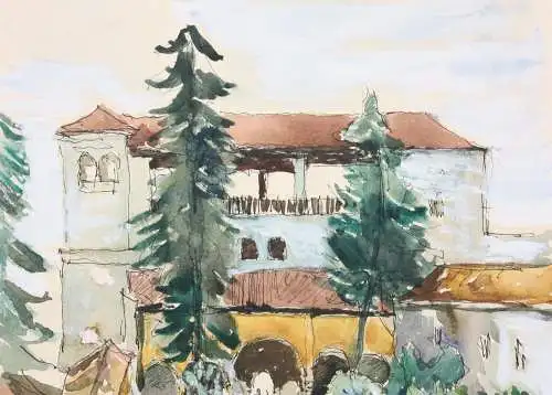 Palacio de Generalife, Alhambra, Granada, Spanien, Aquarell, signiert "Schubert"