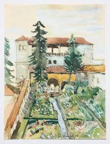 Palacio de Generalife, Alhambra, Granada, Spanien, Aquarell, signiert "Schubert"