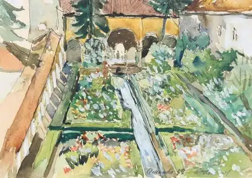 Palacio de Generalife, Alhambra, Granada, Spanien, Aquarell, signiert "Schubert"