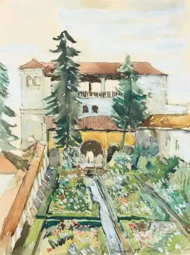 Palacio de Generalife, Alhambra, Granada, Spanien, Aquarell, signiert "Schubert"