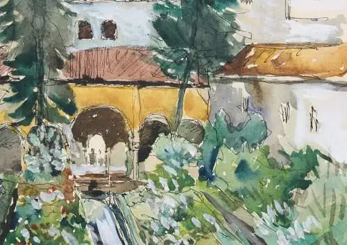 Palacio de Generalife, Alhambra, Granada, Spanien, Aquarell, signiert "Schubert"