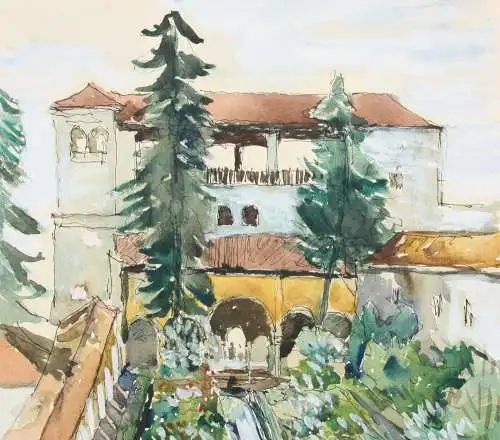 Palacio de Generalife, Alhambra, Granada, Spanien, Aquarell, signiert "Schubert"