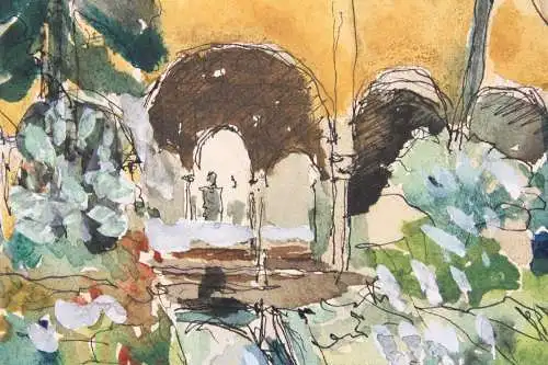 Palacio de Generalife, Alhambra, Granada, Spanien, Aquarell, signiert "Schubert"