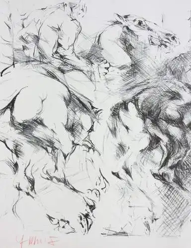 Fritz Martinez (1924-2002), signierte Lithographie, Pferde und Reiter, 1975