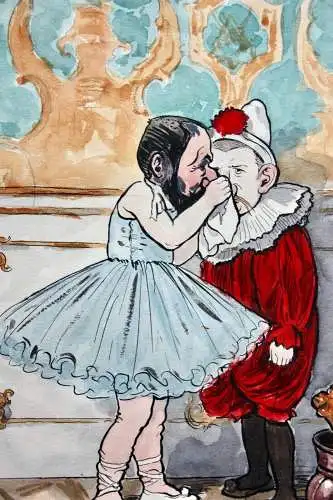 Otto Bromberger (1862-1943) signiertes Aquarell, Karikatur, Fasching, Kostümfest