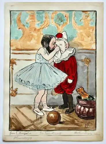 Otto Bromberger (1862-1943) signiertes Aquarell, Karikatur, Fasching, Kostümfest