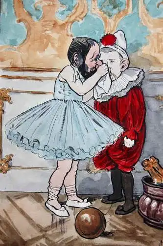 Otto Bromberger (1862-1943) signiertes Aquarell, Karikatur, Fasching, Kostümfest