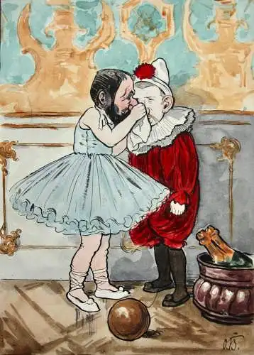 Otto Bromberger (1862-1943) signiertes Aquarell, Karikatur, Fasching, Kostümfest