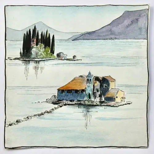 Südliche Seenlandschaft mit bewohnten Inseln, Aquarell, 20./21. Jh.