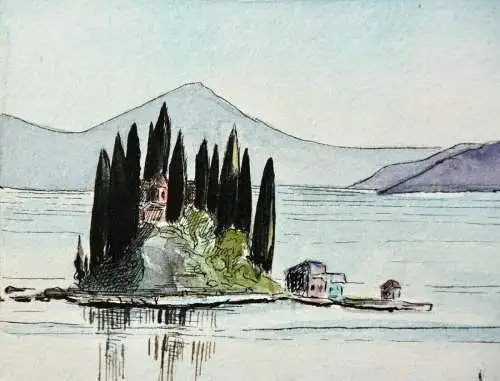 Südliche Seenlandschaft mit bewohnten Inseln, Aquarell, 20./21. Jh.