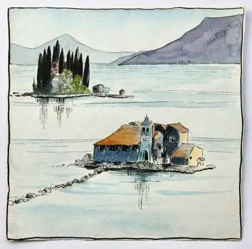 Südliche Seenlandschaft mit bewohnten Inseln, Aquarell, 20./21. Jh.