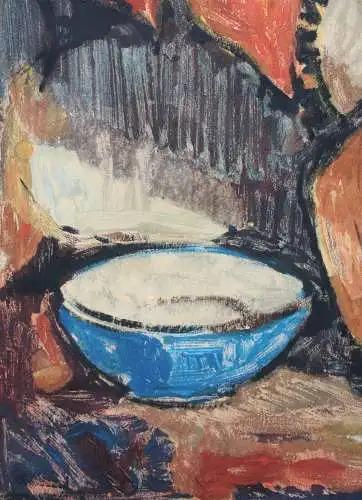 Stillleben mit Krug, Paprika und blauer Schale, Gemälde, signiert "Hahs" 1958