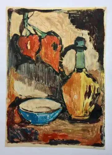 Stillleben mit Krug, Paprika und blauer Schale, Gemälde, signiert "Hahs" 1958