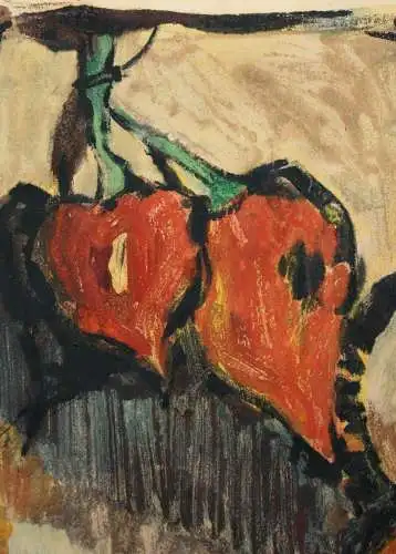 Stillleben mit Krug, Paprika und blauer Schale, Gemälde, signiert "Hahs" 1958