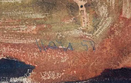 Stillleben mit Krug, Paprika und blauer Schale, Gemälde, signiert "Hahs" 1958