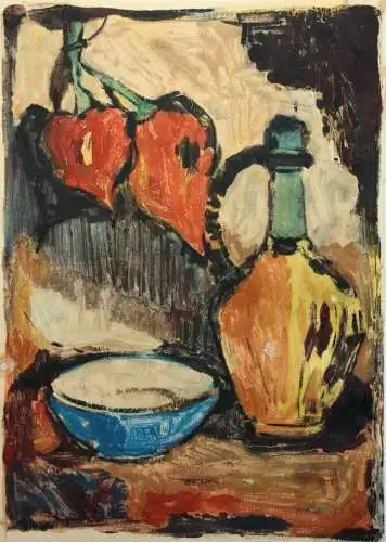 Stillleben mit Krug, Paprika und blauer Schale, Gemälde, signiert "Hahs" 1958