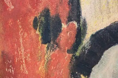 Stillleben mit Krug, Paprika und blauer Schale, Gemälde, signiert "Hahs" 1958