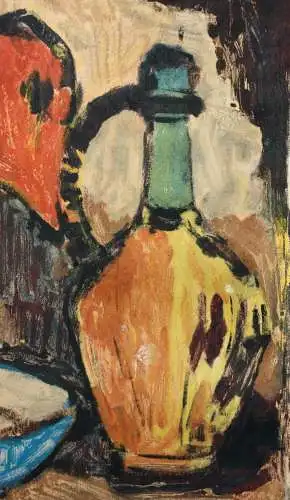 Stillleben mit Krug, Paprika und blauer Schale, Gemälde, signiert "Hahs" 1958