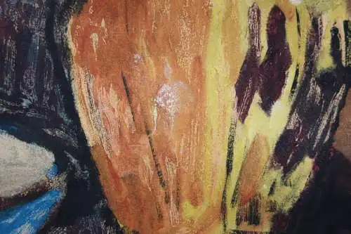 Stillleben mit Krug, Paprika und blauer Schale, Gemälde, signiert "Hahs" 1958