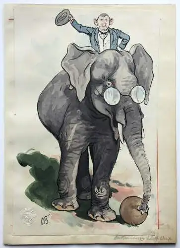 Otto Bromberger (1862-1943), sign. Aquarell, Karikatur, "Selbstbildnis", Elefant