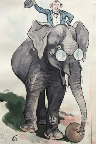 Otto Bromberger (1862-1943), sign. Aquarell, Karikatur, "Selbstbildnis", Elefant